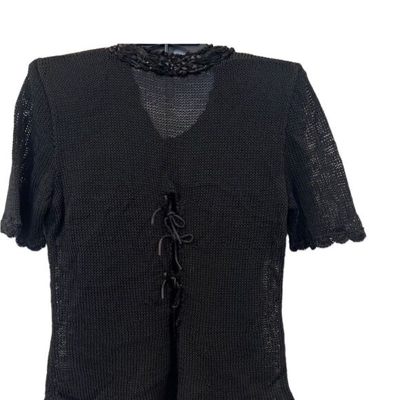 Vintage Black leather & Knit V-neck sweater Sz.M NWT - Picture 2 of 5